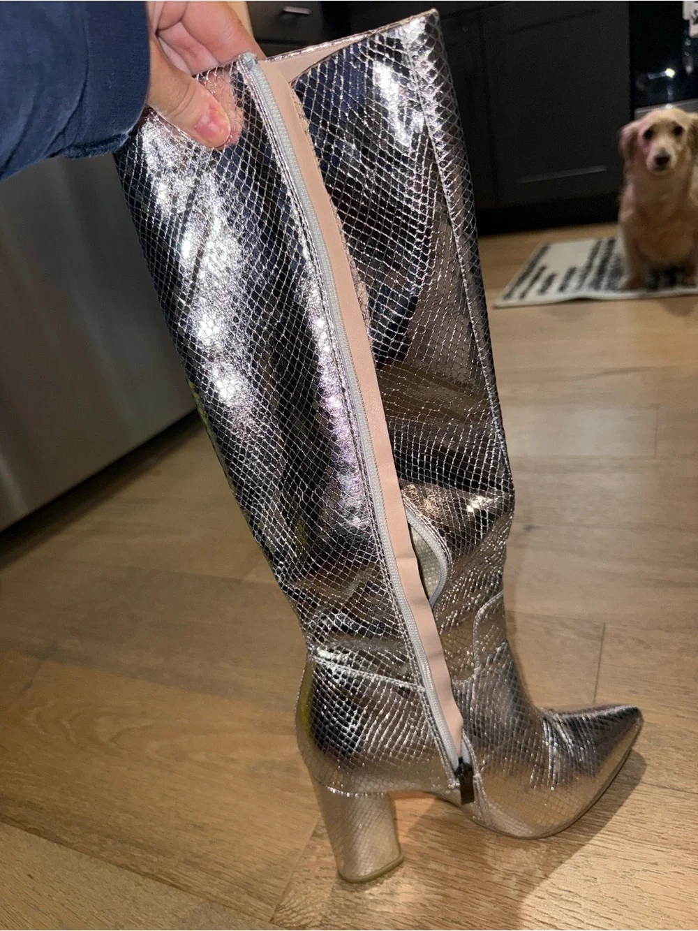 SHEIN Metallic Silver Snakeskin Over-the-Knee Block Heel Boots